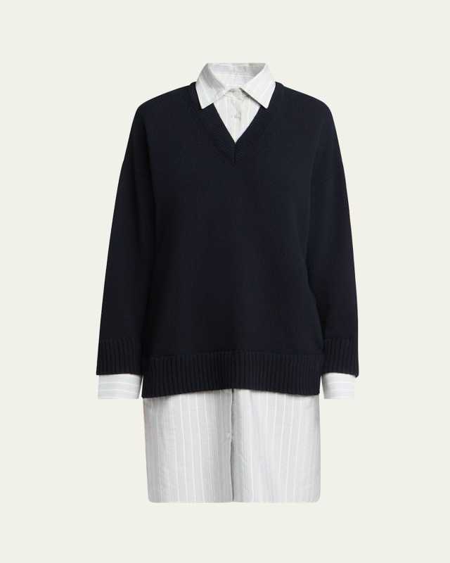 Stripe Layered Sweater Wool Shirt Dress